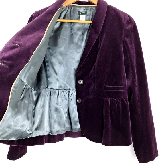 J Crew Velvet Ruched Peplum Back Button Front Blazer, Size 8. Eden Purple Jacket - Picture 10 of 13